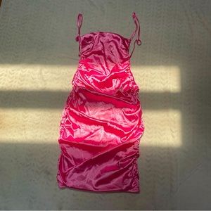 Pink Ruched Open Back Satin Mini Dress